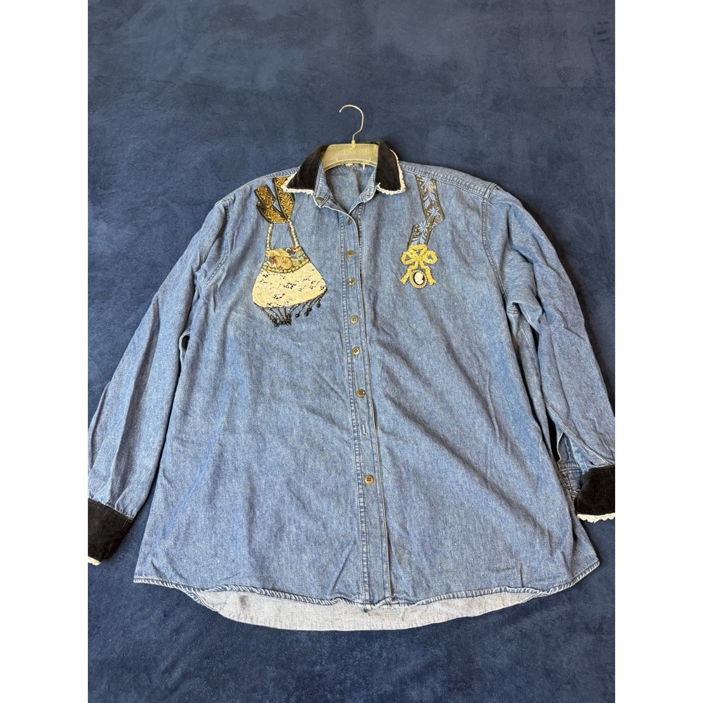 Vtg Western Denim Shirt Felt Collar Embroidered Handbag Cameo Sz 16/18